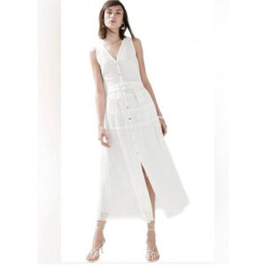 WHBM Dress 12 White Eyelet Vneck Sleeveless Long Aline Buttons